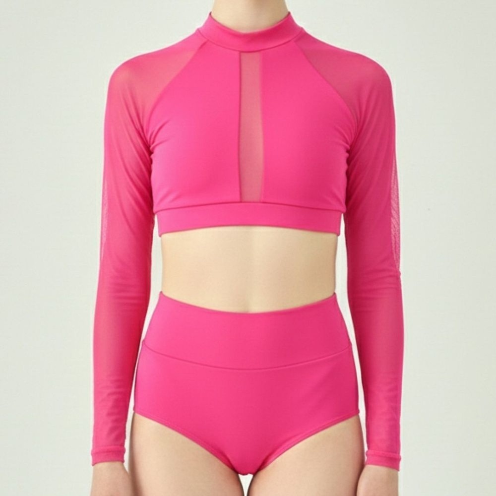 Baltogs Pink High Neck Mesh Long Sleeve Crop Top‎ High Waisted Briefs Dance Set